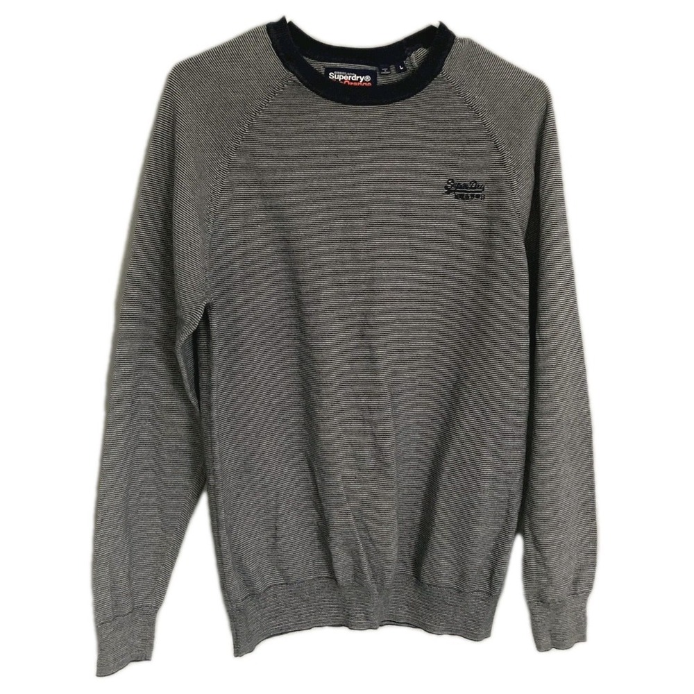 Superdry Sweater Mens L Gray Striped Knit Crewneck Pullover Orange Label Raglan